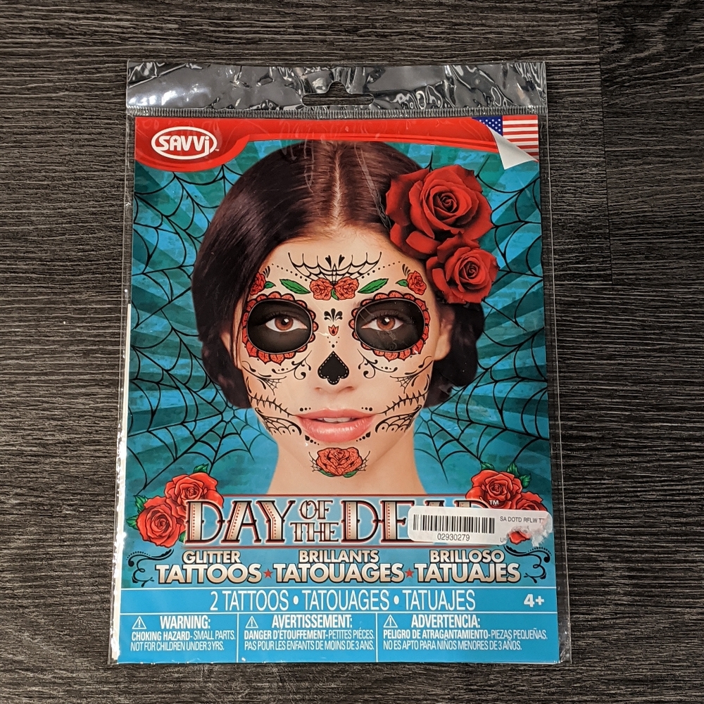 NWT Day of the Dead Halloween costume glitter face tattoos